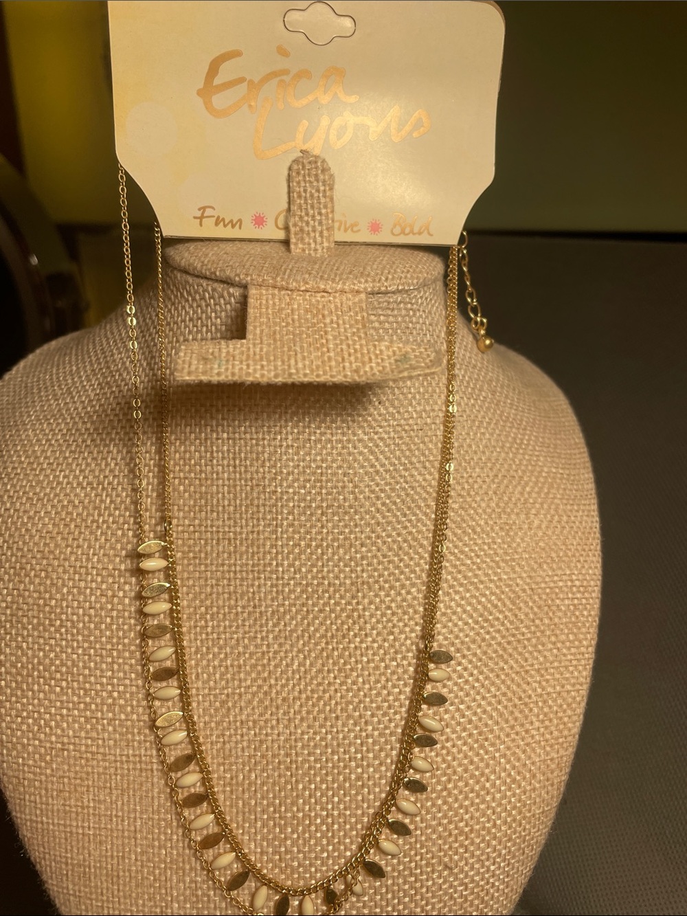 Erica Lyons Gold Necklace with Cream Teardrop Beads 9” drop, 3” extender